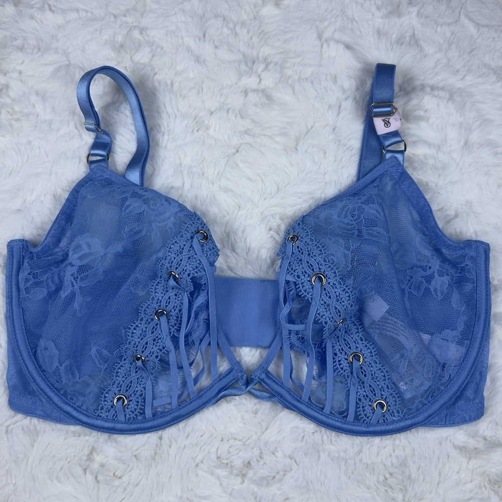 Victoria's Secret Very Sexy Low Cut Demi Bra Blue Lace Cut Out Unlined 34D